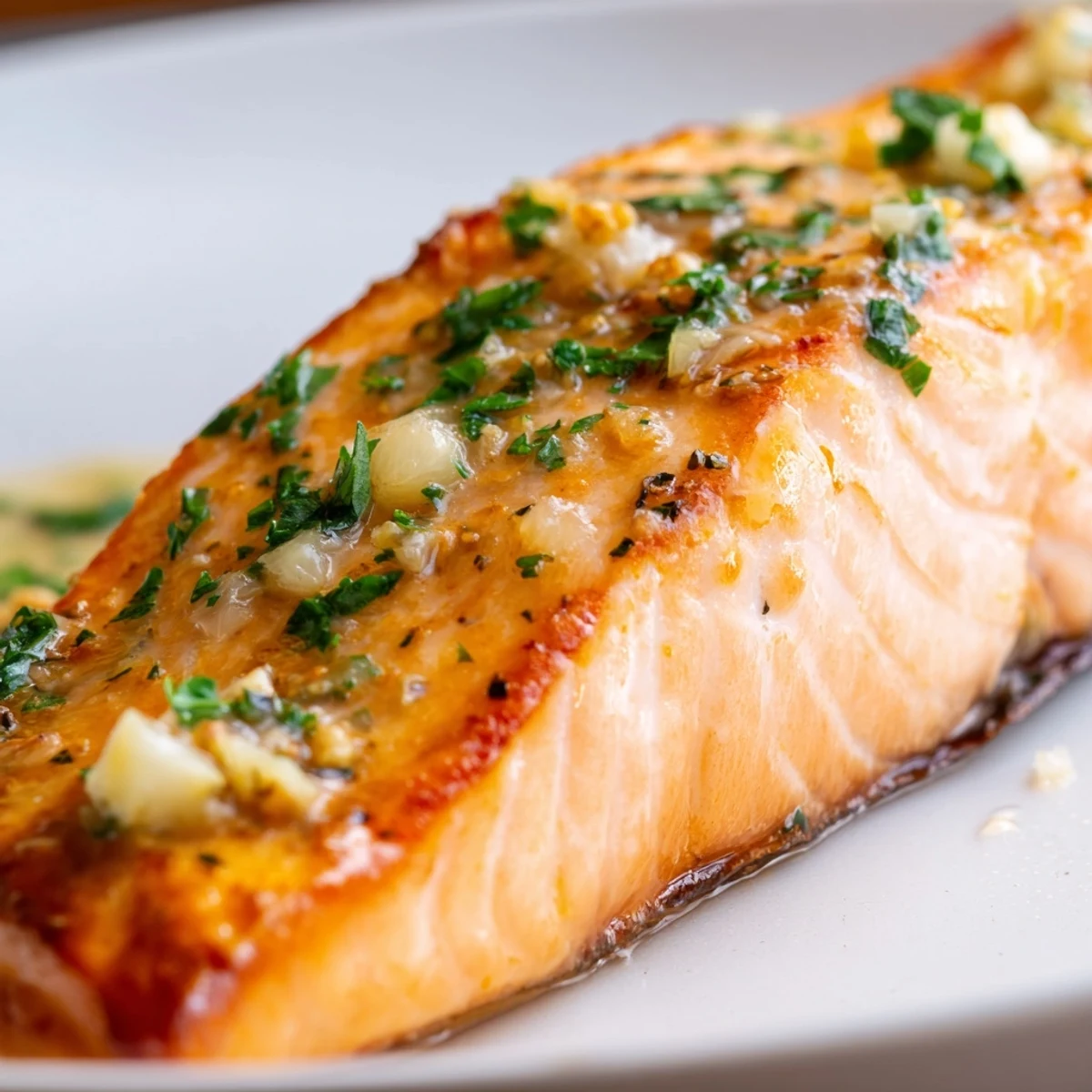 Restaurant style pan seared salmon with garlic butter sauce served with lemon wedges