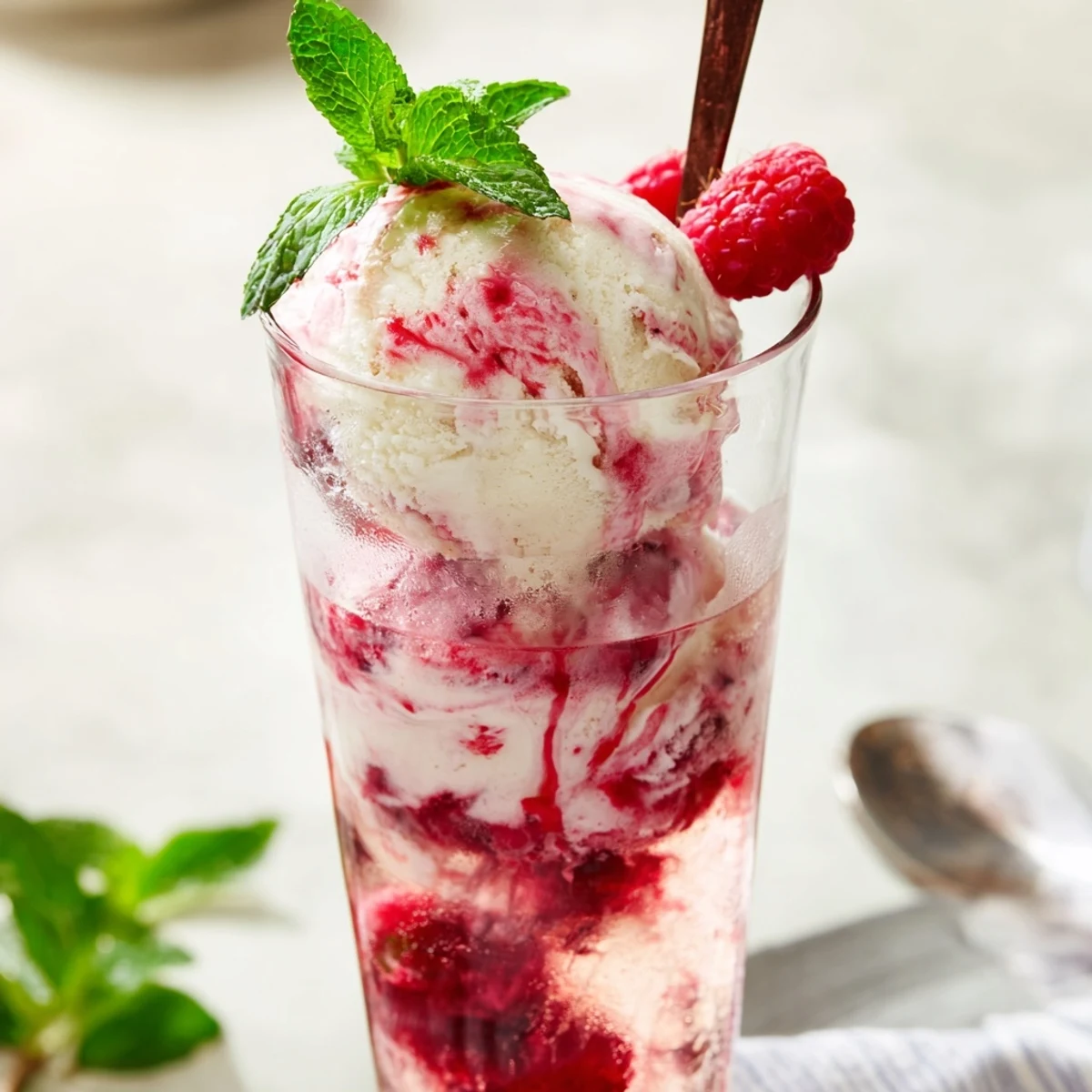 Tall glass of raspberry mint mojito rebel float with vanilla ice cream and fresh mint garnish