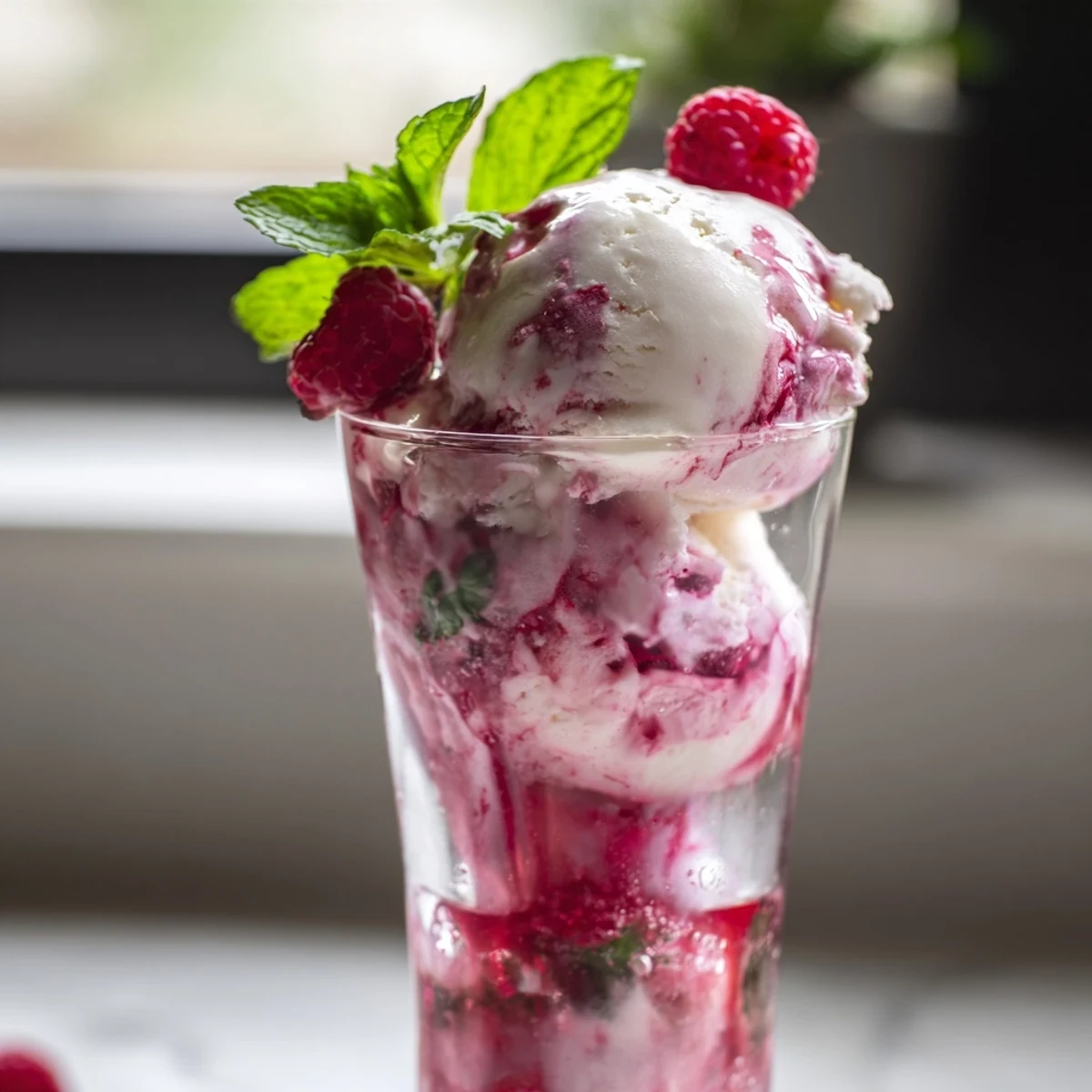 Refreshing raspberry mint mojito rebel float featuring fizzy soda topped with melting vanilla ice cream scoop