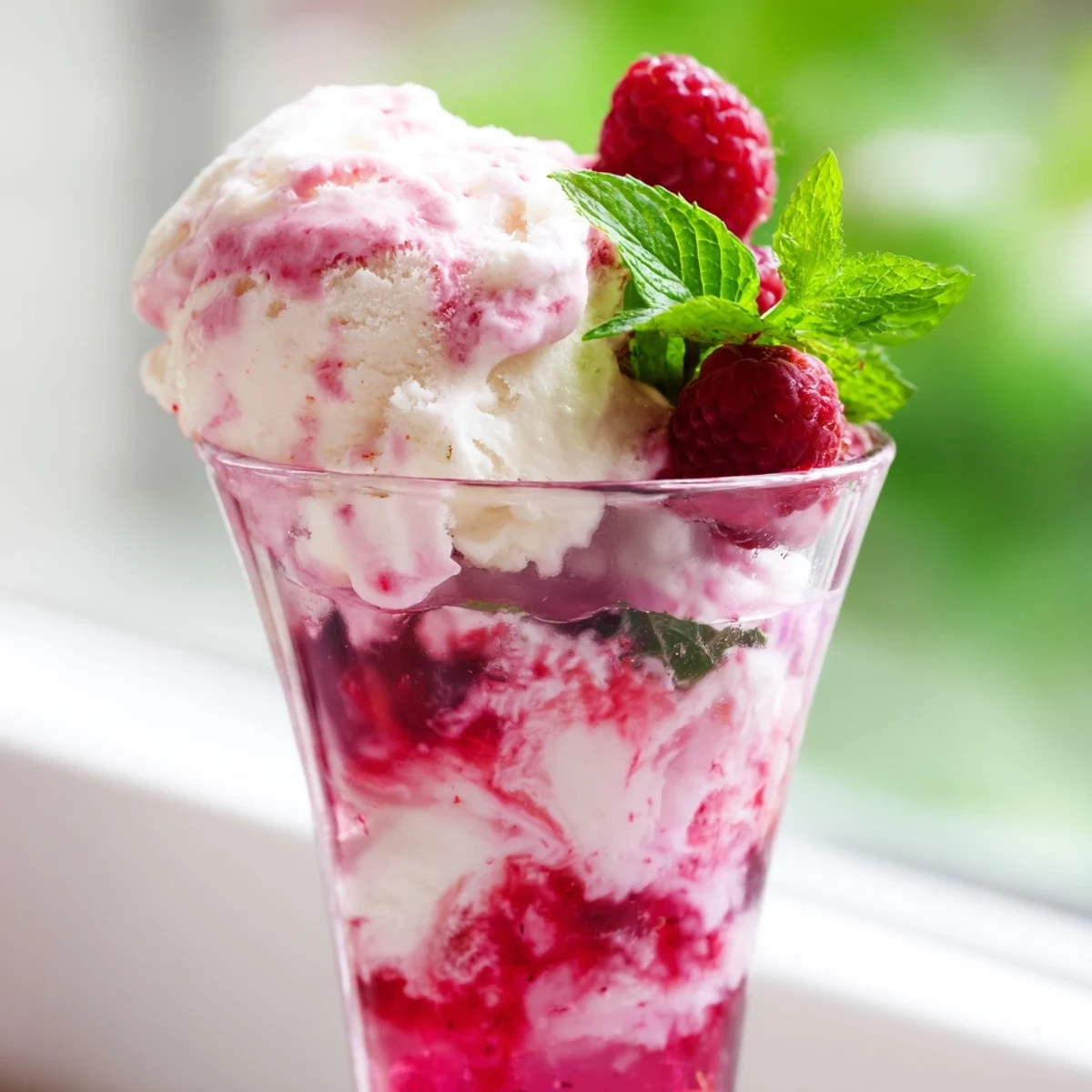 Summer raspberry mint mojito rebel float in glass with mint sprigs, lime, and creamy vanilla swirl