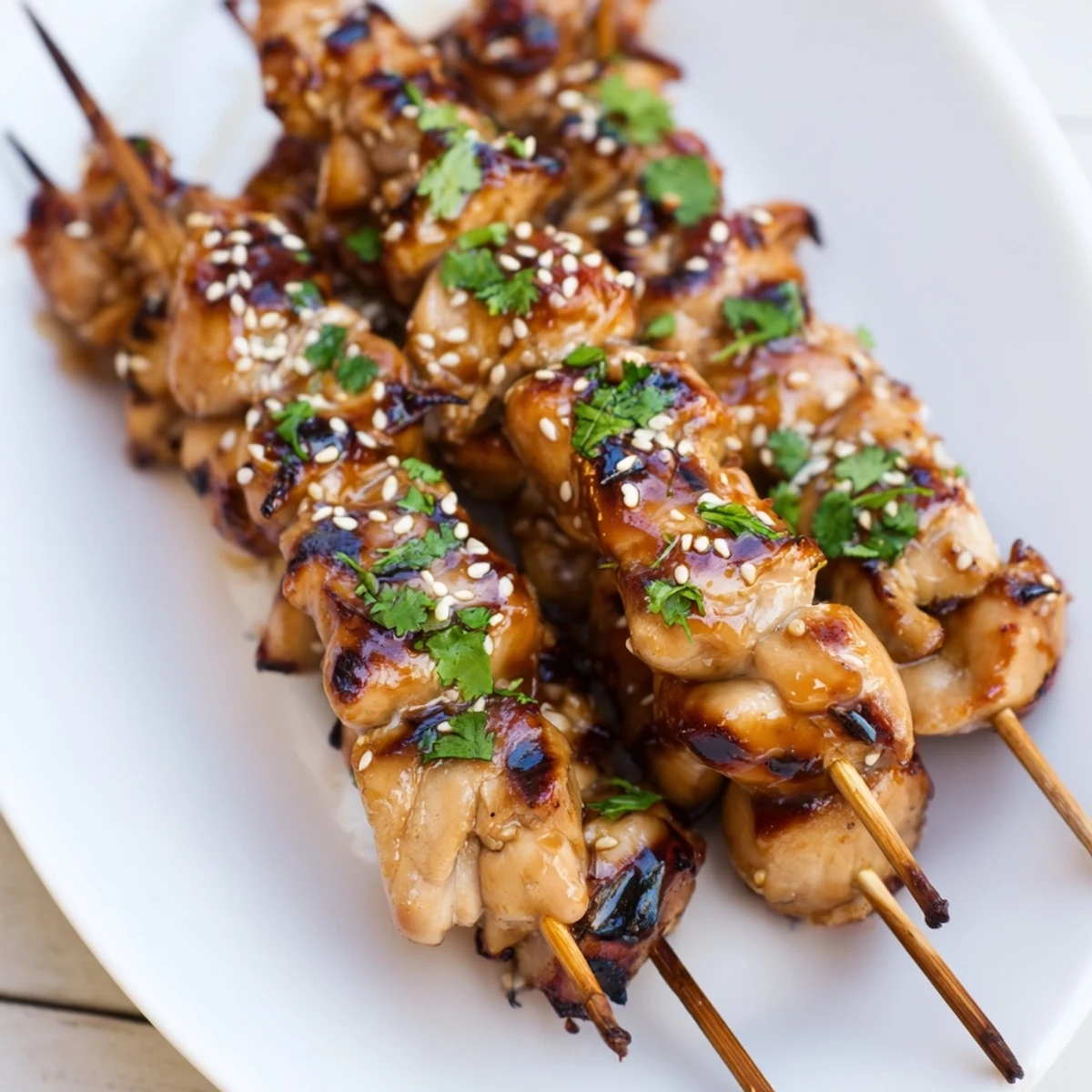 Golden grilled spicy honey garlic chicken skewers with caramelized char marks and fresh cilantro garnish on a white plate