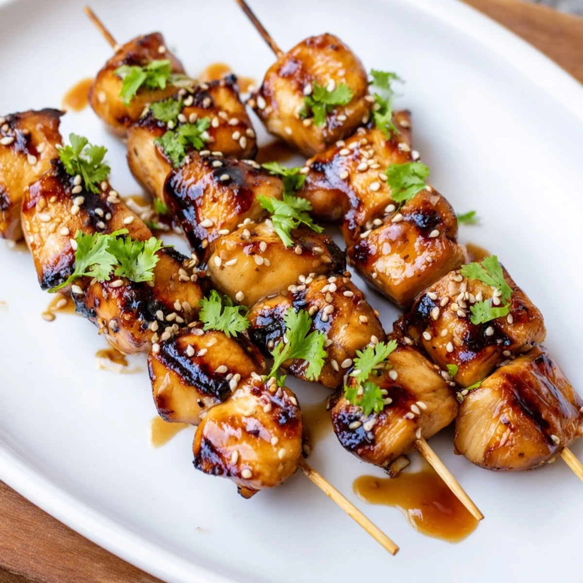 Juicy chicken kabobs basted in sweet spicy honey garlic glaze, lightly charred from the grill and sprinkled with sesame seeds