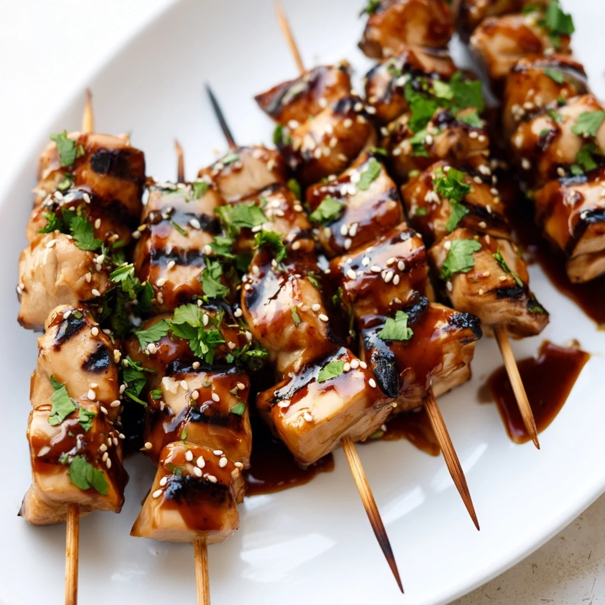Delicious honey garlic chicken skewers grilled to perfection with smoky charred edges, served with lime wedges and vibrant green herbs