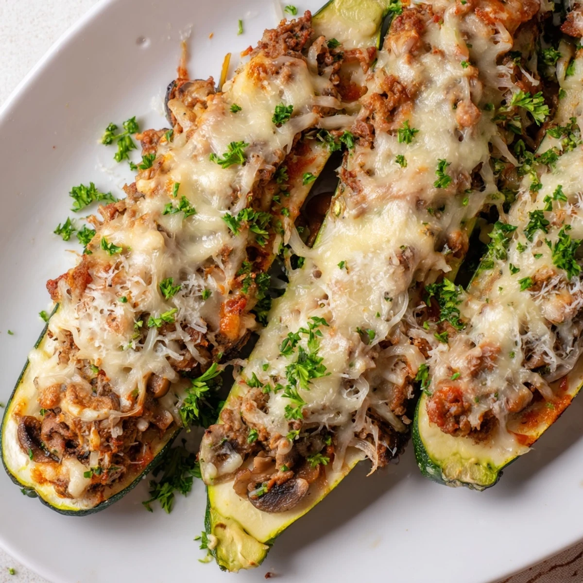 Tender zucchini halves loaded with savory beef tenderloin mushroom stuffing and melted cheese