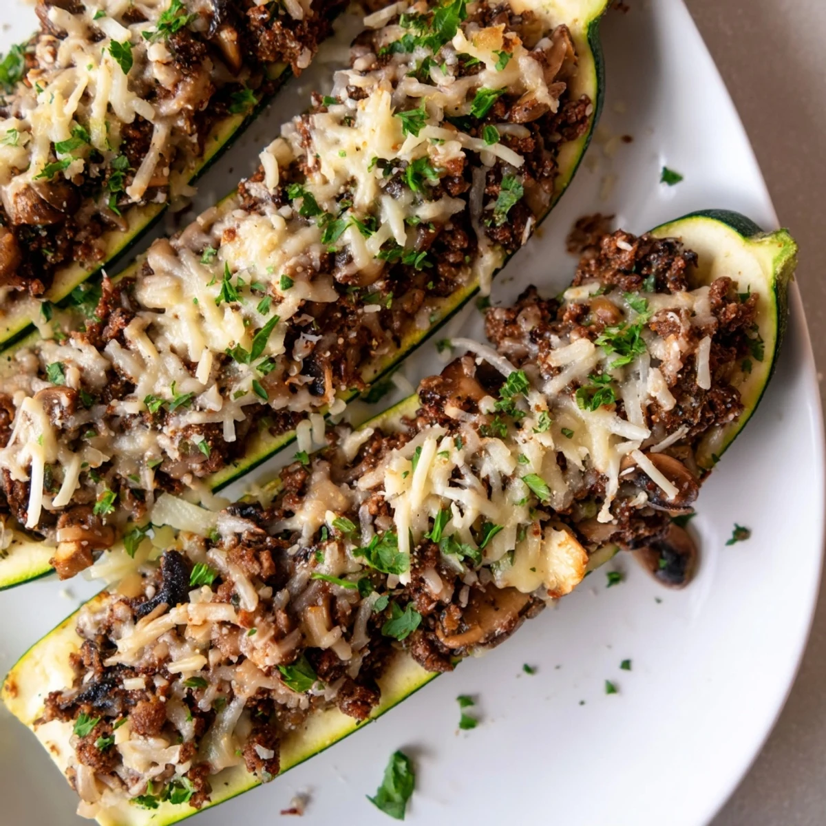 Golden cheese-topped beef tenderloin mushroom stuffed zucchini boats fresh from the oven
