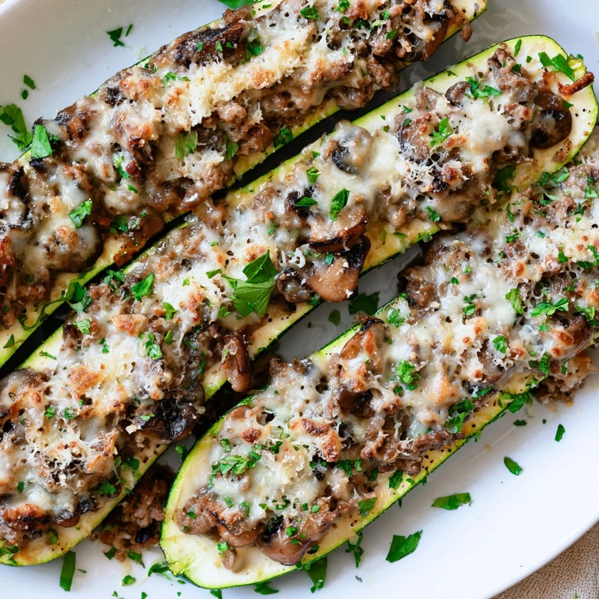 Baked zucchini boats overflowing with seasoned beef tenderloin mushroom mixture and golden bubbly cheese