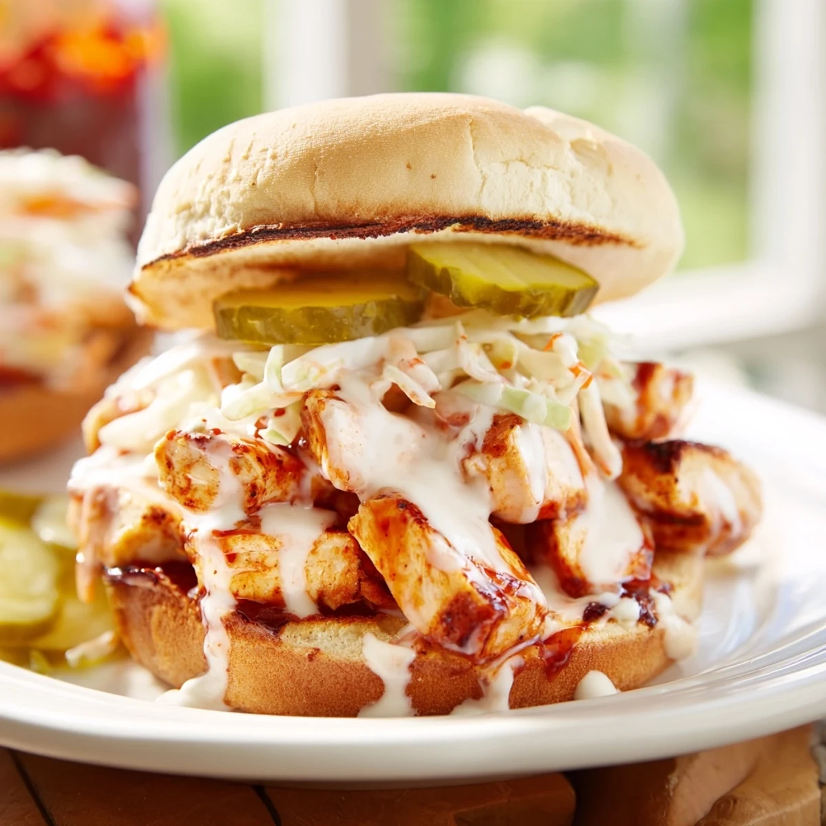 Golden Alabama BBQ chicken chopped sandwich piled high on a toasted bun with creamy white sauce and crisp coleslaw