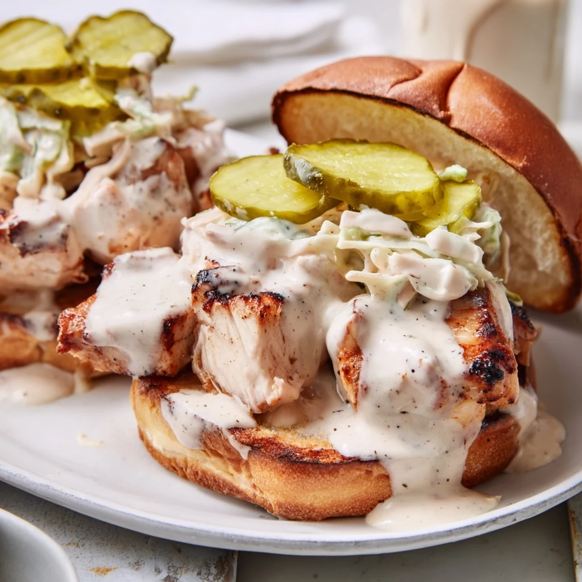 Savory grilled chicken tossed in tangy Alabama white BBQ sauce overflowing from a soft sandwich bun