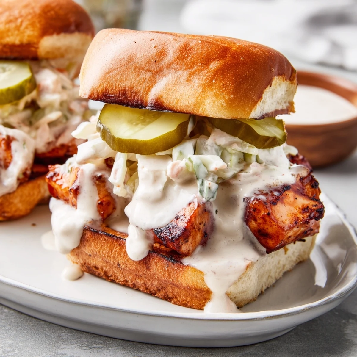Generous portions of smoky chopped chicken in Alabama white sauce layered on a bun with crunchy coleslaw topping