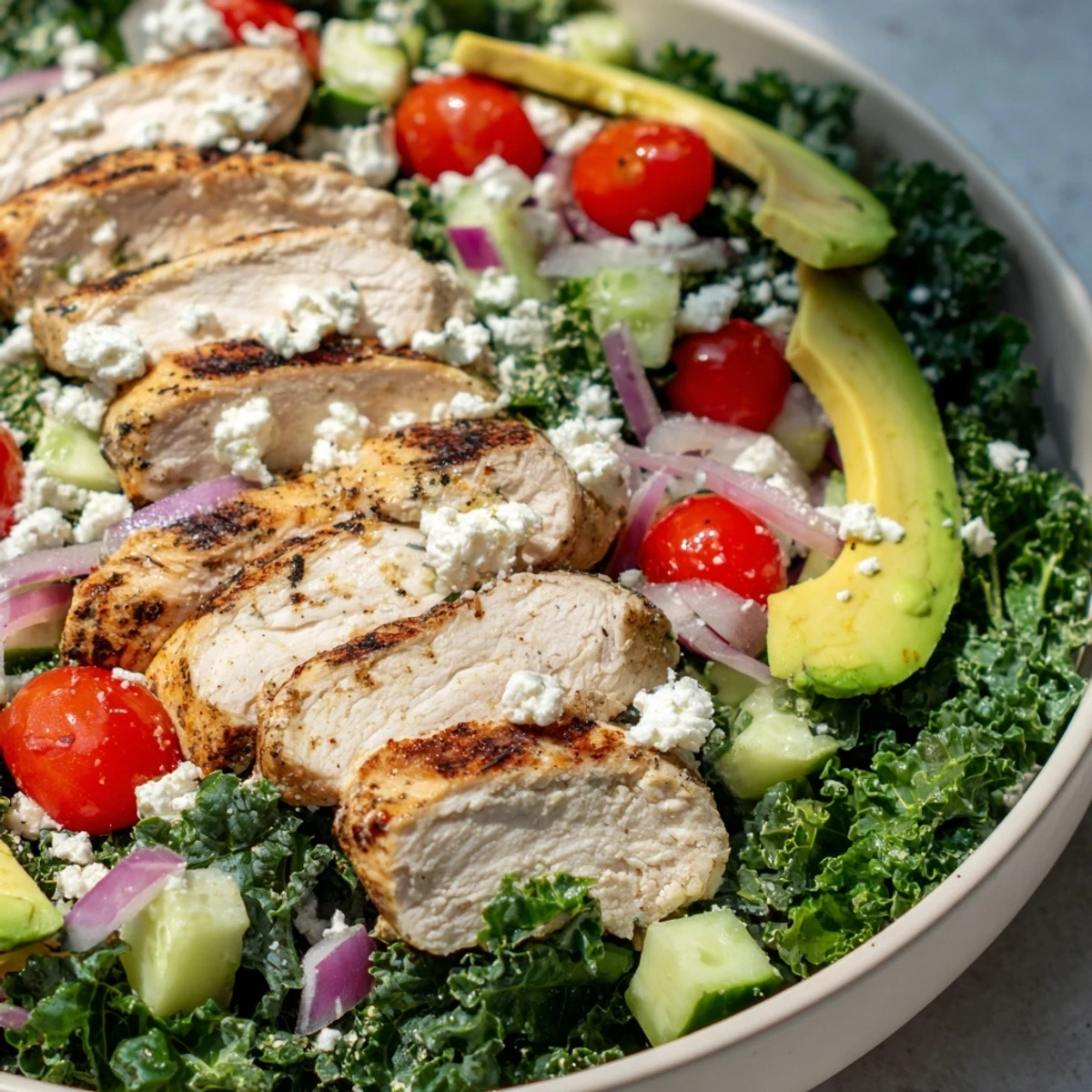 Fresh vegetable grain bowl featuring juicy marinated chicken breast over crisp kale greens with diced cucumbers and crumbled feta cheese topping