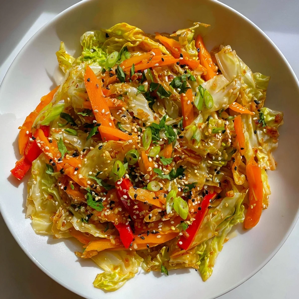 Golden cabbage stir fry recipe with colorful peppers and carrots in glossy savory sauce