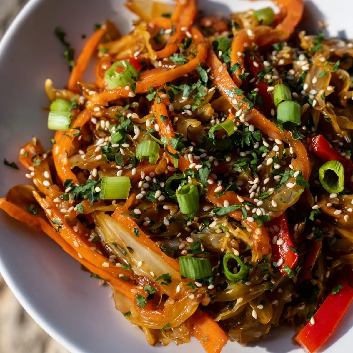 Fresh Asian-inspired cabbage stir fry recipe featuring crisp vegetables and aromatic sesame ginger sauce