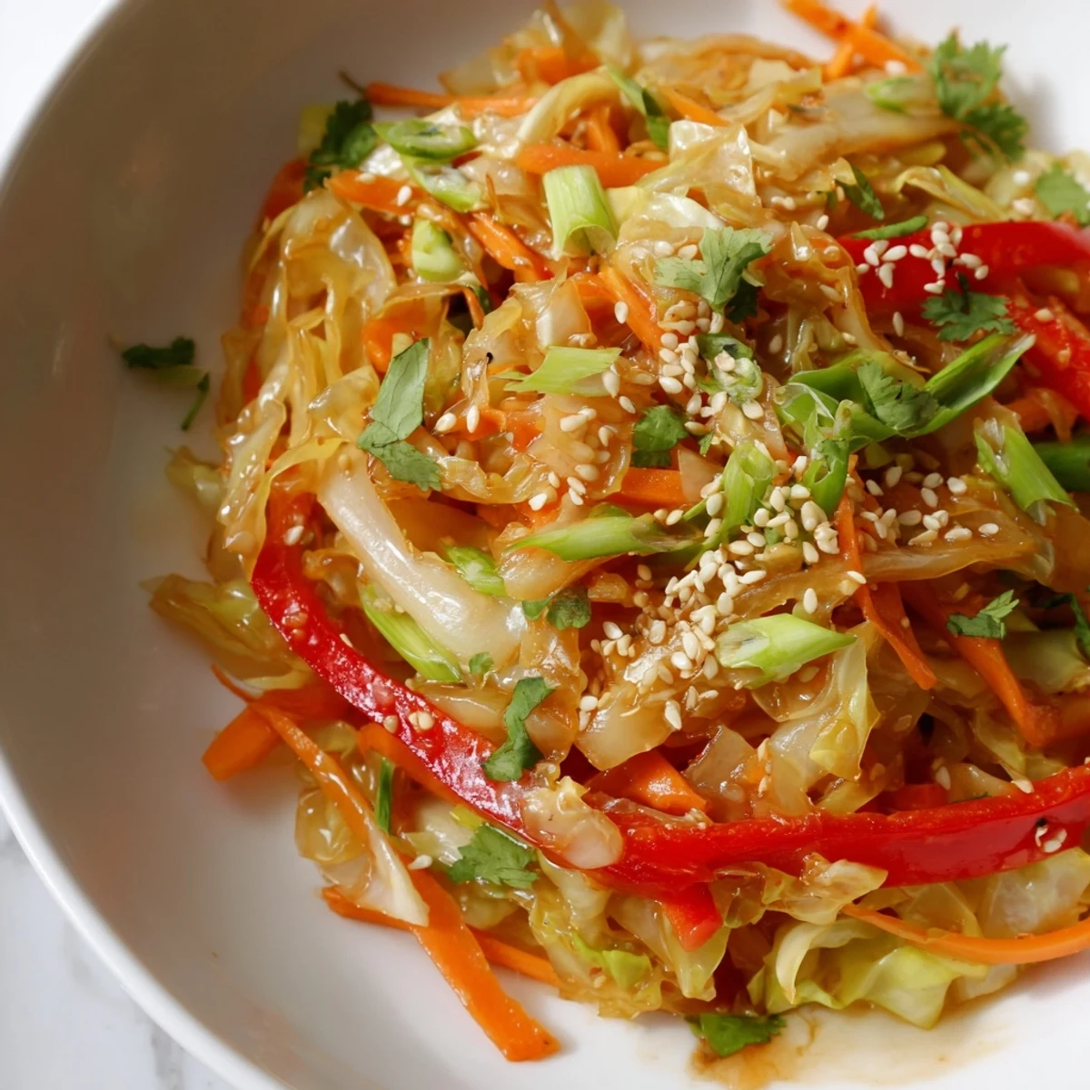 Vibrant cabbage stir fry recipe plated with toasted sesame seeds and tender crisp-tender vegetables