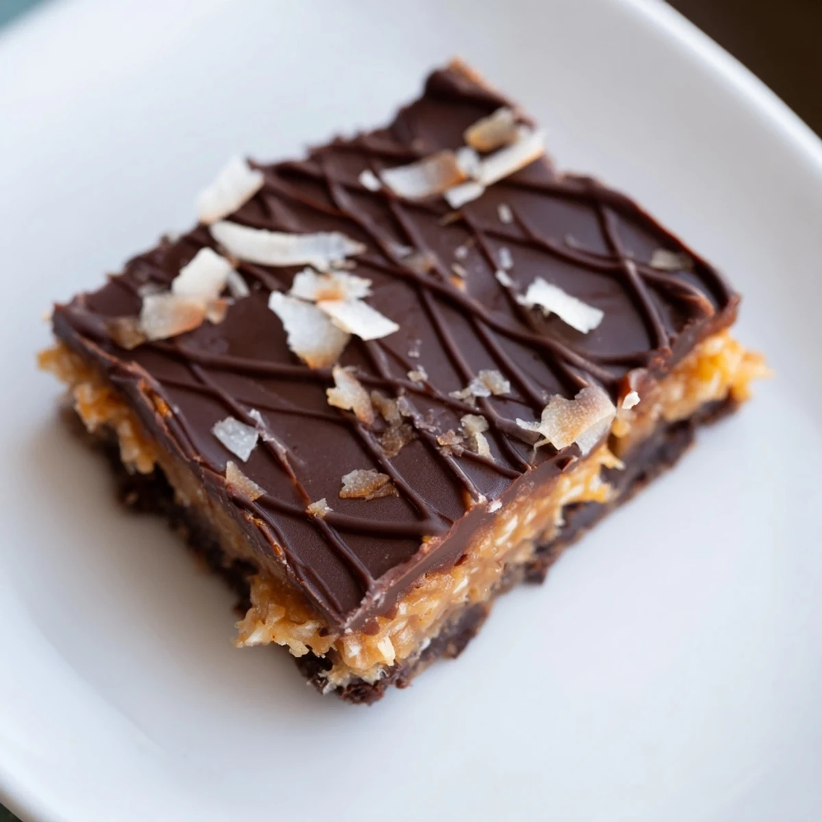 No bake Samoa bites topped with caramel coconut and drizzled melted dark chocolate