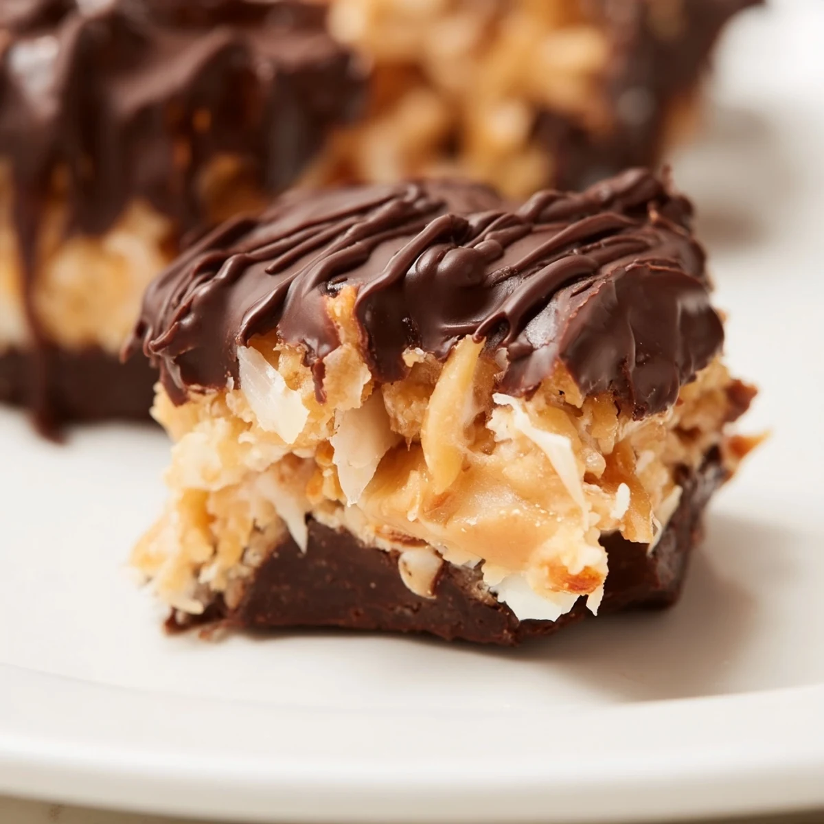 Rich no bake Samoa bites featuring caramel coconut topping and chocolate coating