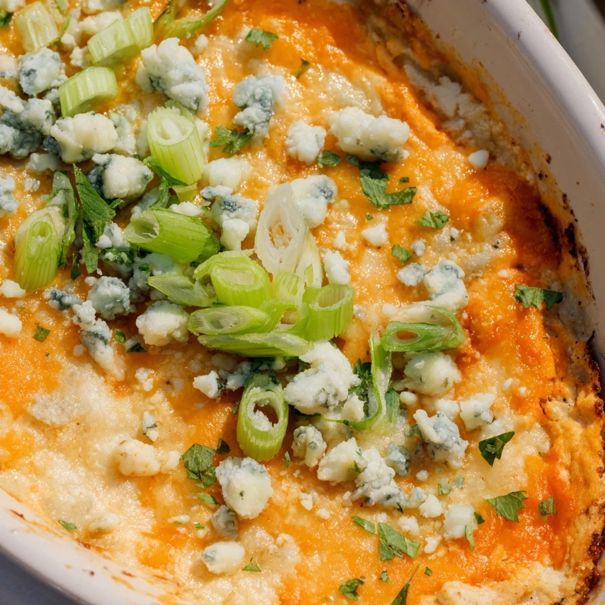 Golden, bubbling cheesy white bean buffalo dip fresh from the oven with melted cheddar