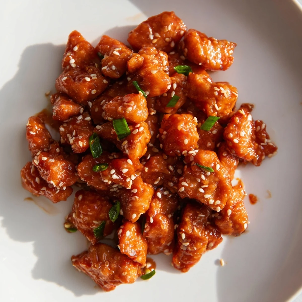 Golden brown ground chicken coated in sweet and tangy General Tso sauce with sesame seeds