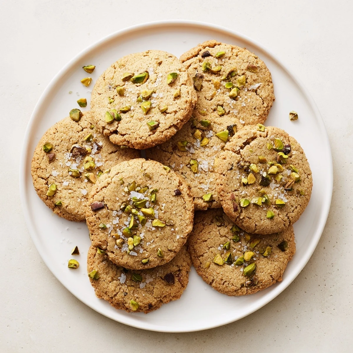 Soft golden salted honey pistachio cookies topped with flaky sea salt on a white plate.