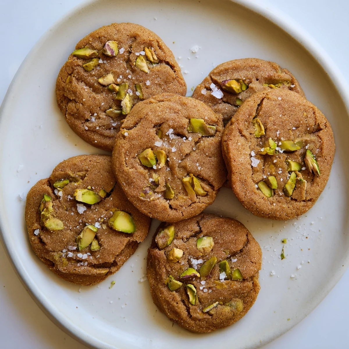 Freshly baked sweet and salty honey pistachio cookies stacked on a rustic wooden cutting board.