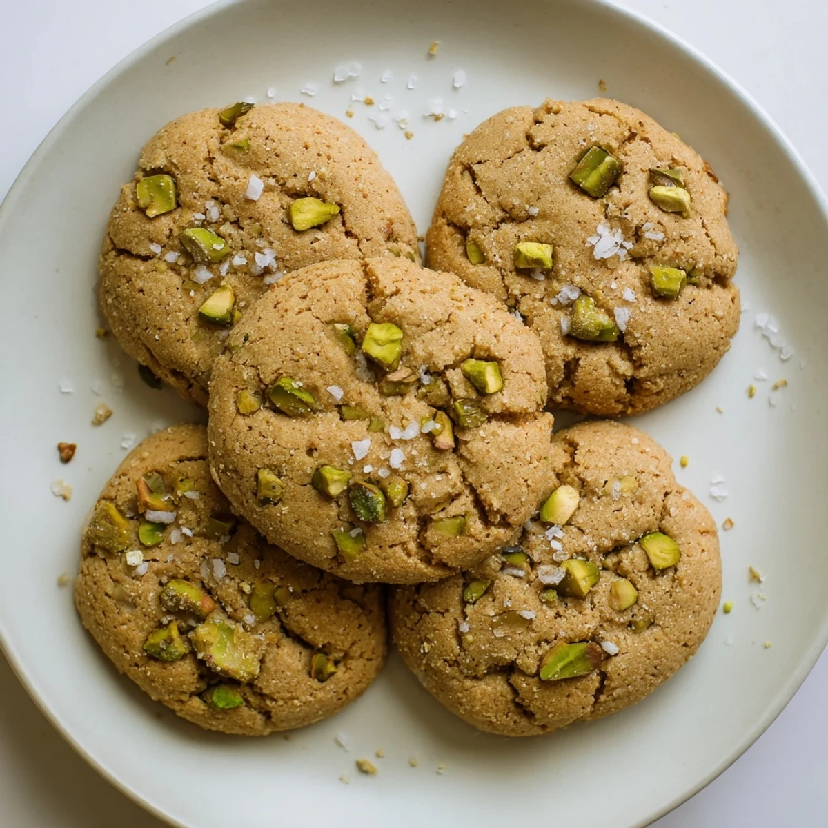 Chewy honey cookies with green pistachios and sea salt crystals arranged on a wire cooling rack.