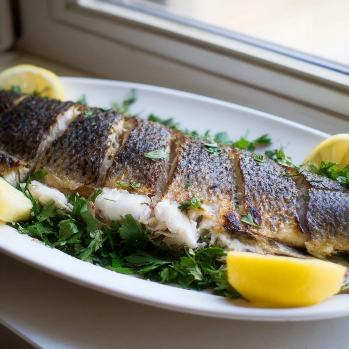 Whole roasted fish with crispy golden skin garnished with fresh parsley and lemon wedges on a platter