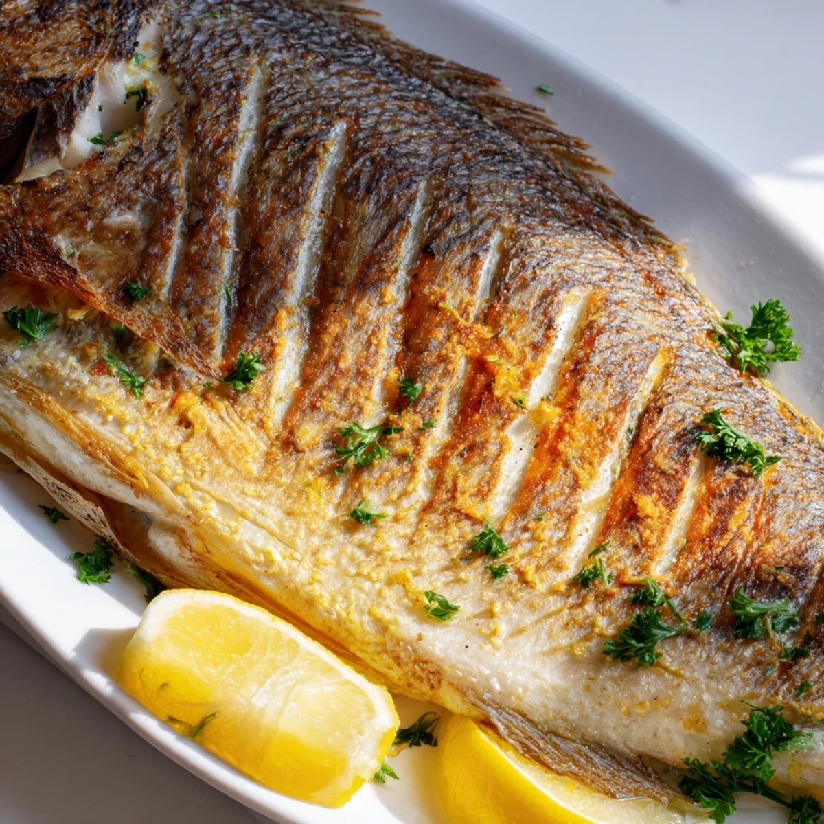 Perfectly cooked whole roasted fish with crackling crispy skin served with fresh lemon and herbs