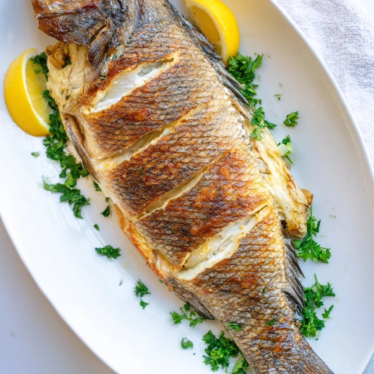 Mediterranean style whole roasted fish featuring crisp skin, aromatic herbs, and bright citrus slices