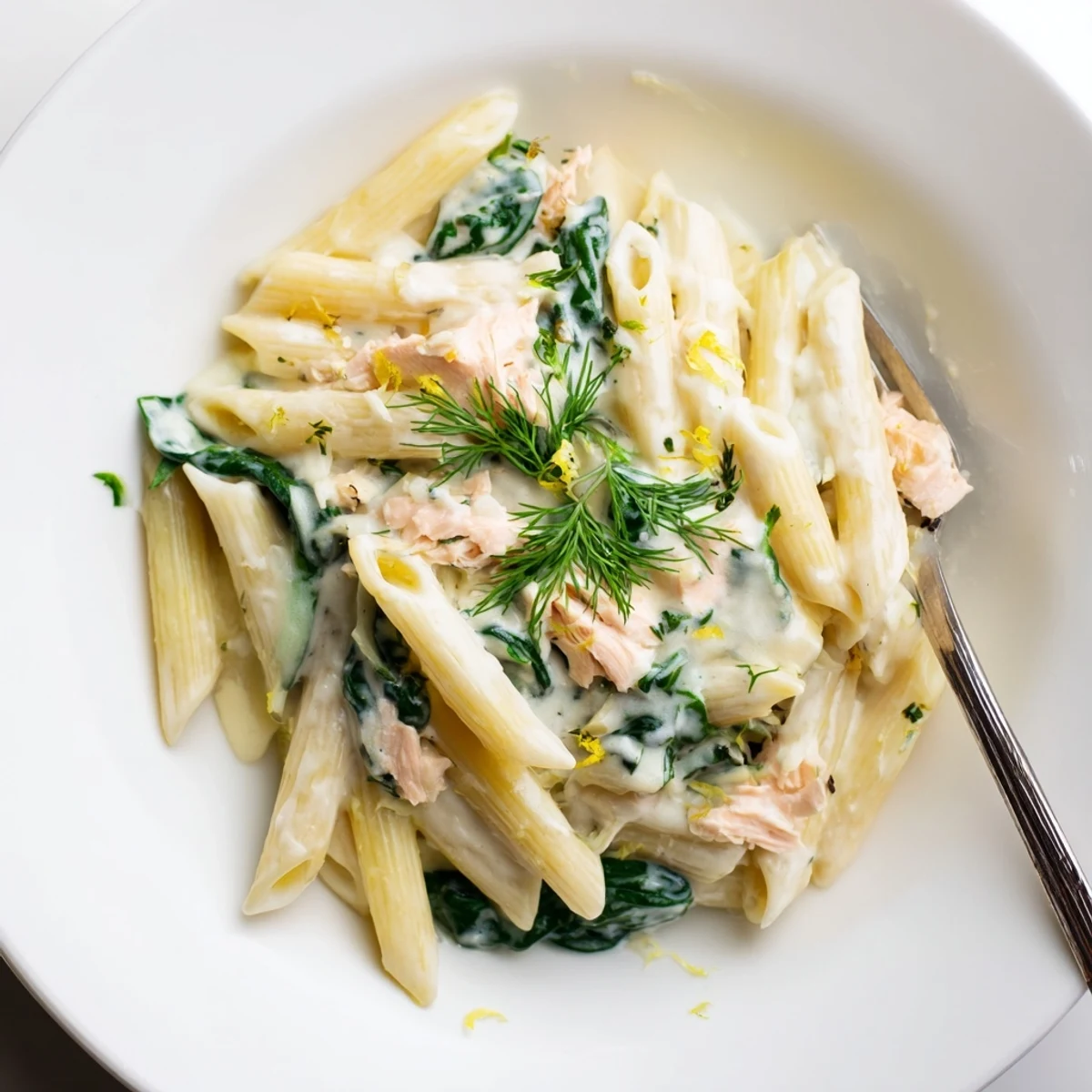 Savory creamy salmon penne plated with fresh herbs and tender pasta coated in cream