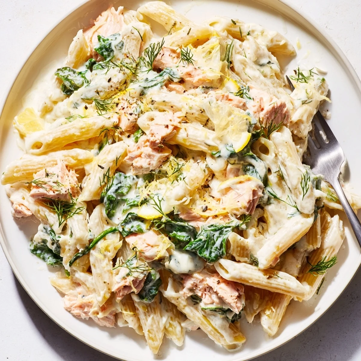 Golden salmon penne tossed in silky garlic cream sauce with lemon zest and parsley