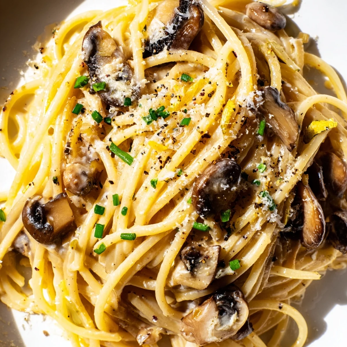 Golden brown mushrooms coated in silky miso cream sauce twirled around pasta on a white plate
