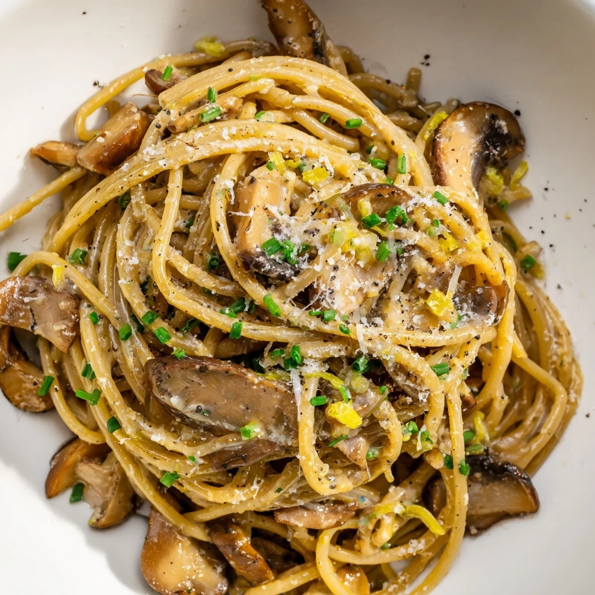 Creamy miso mushroom pasta garnished with fresh chives and grated Parmesan cheese on a rustic wooden table