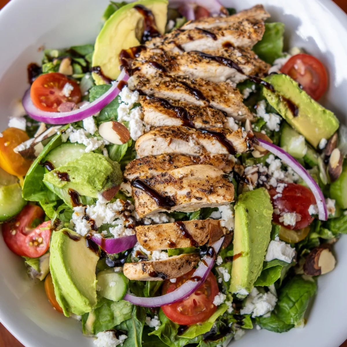 Colorful grilled chicken salad recipe featuring juicy sliced chicken breast over mixed greens with fresh vegetables