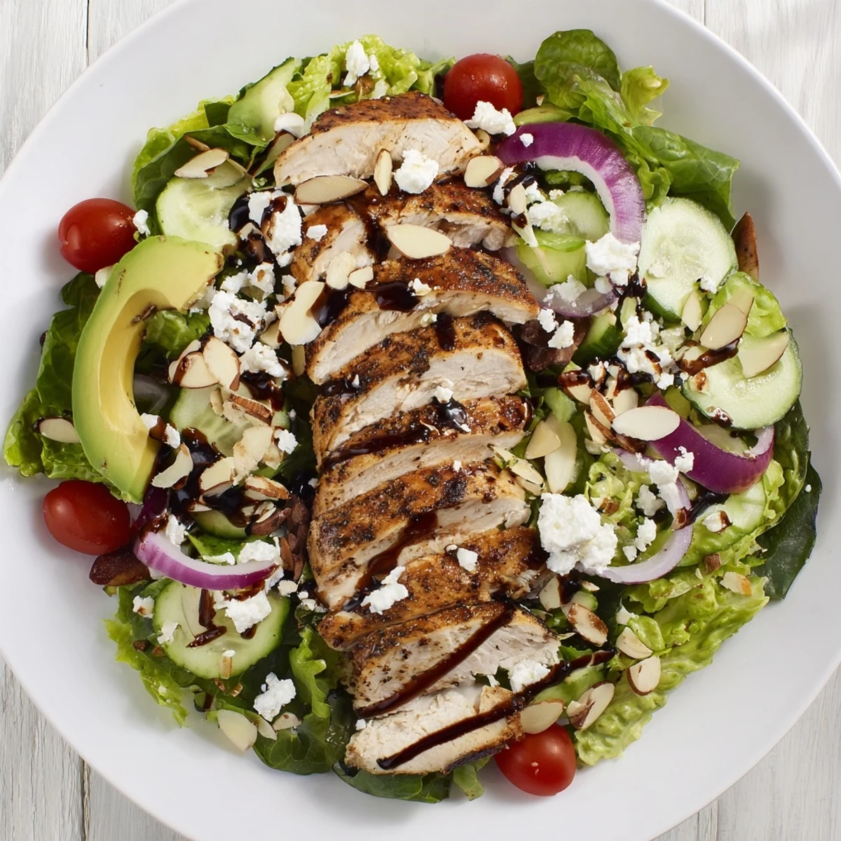 Wholesome grilled chicken salad recipe arranged in a bowl with cherry tomatoes, cucumber, and toasted almonds