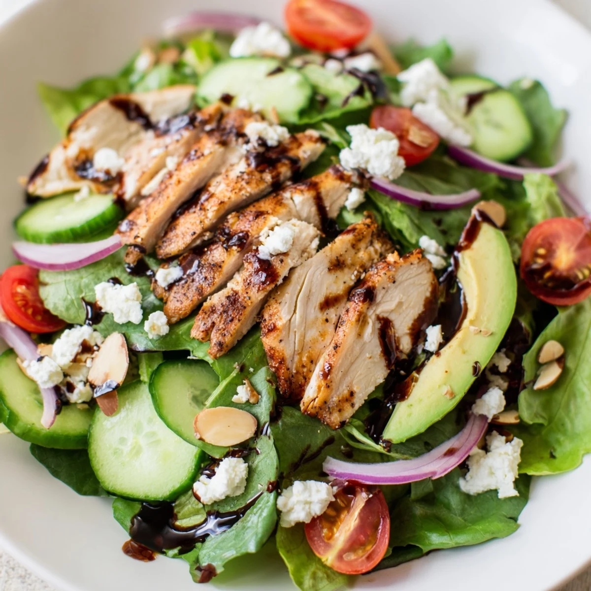 Healthy grilled chicken salad recipe topped with crisp vegetables, creamy avocado, and tangy feta cheese
