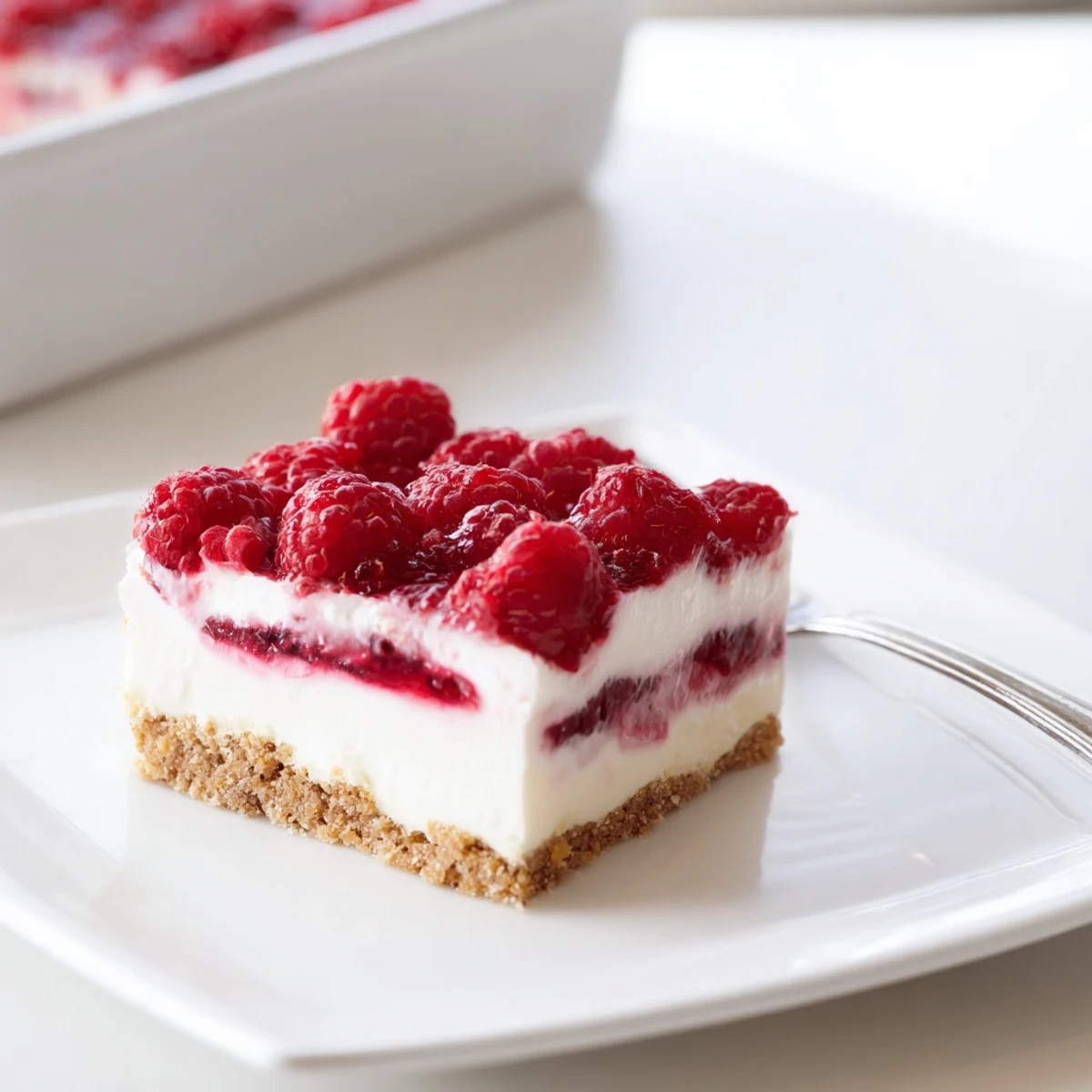 No bake raspberry cream dessert featuring layers of fluffy whipped filling and sweet ruby berry topping