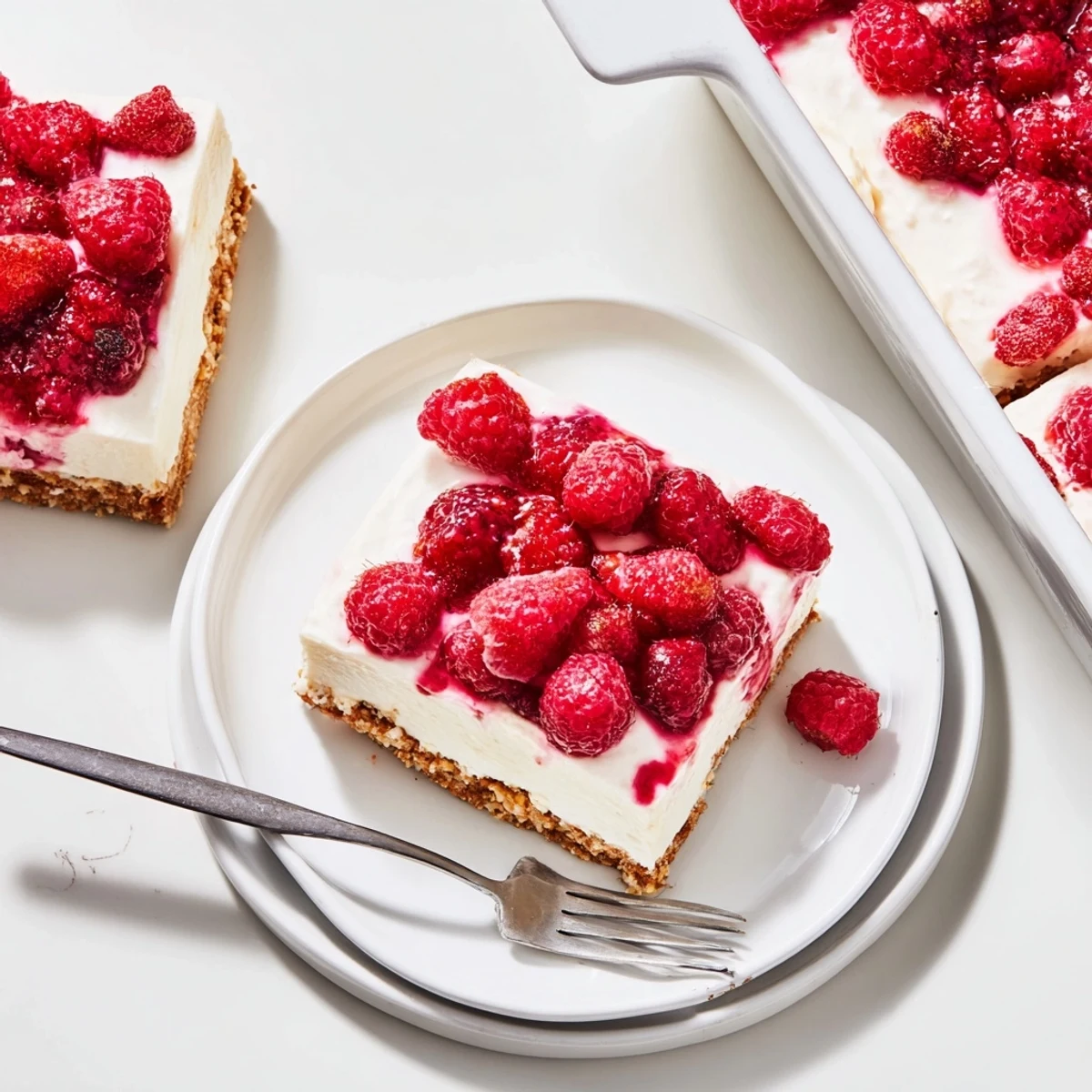 Sliced square of raspberry cream dessert on white plate with garnish of plump whole red berries