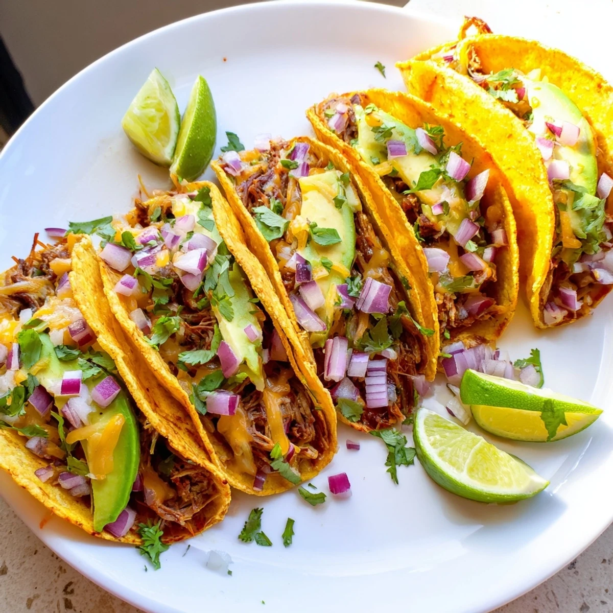 Golden shredded beef tacos with crispy melted cheese crust topped with fresh cilantro and diced red onion