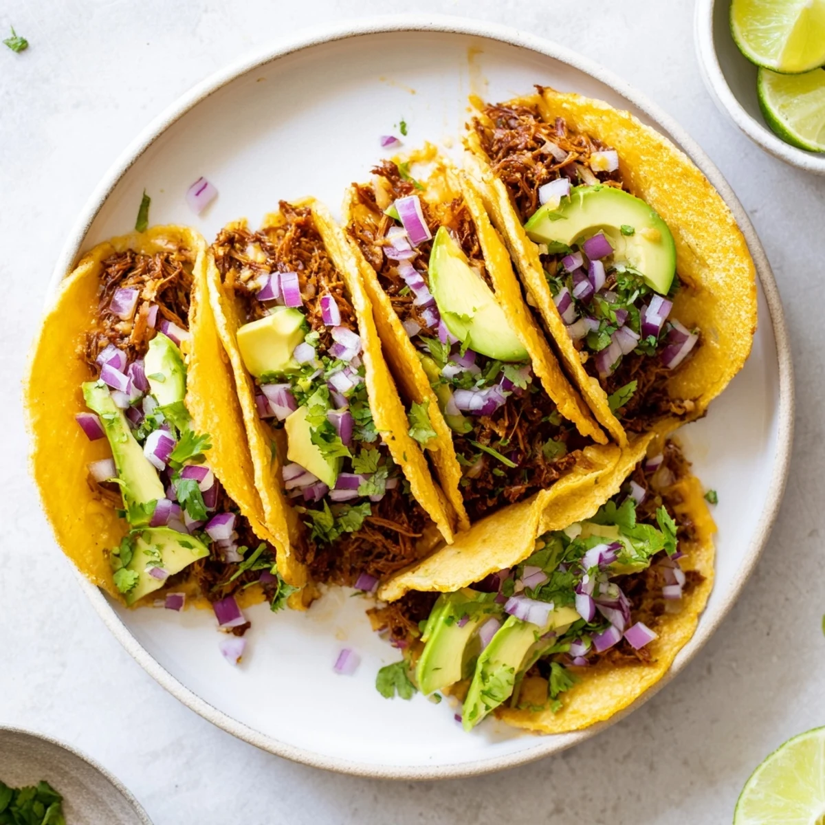 Mexican-style shredded beef tacos featuring tender meat encased in crispy cheese shells with lime and avocado garnishes