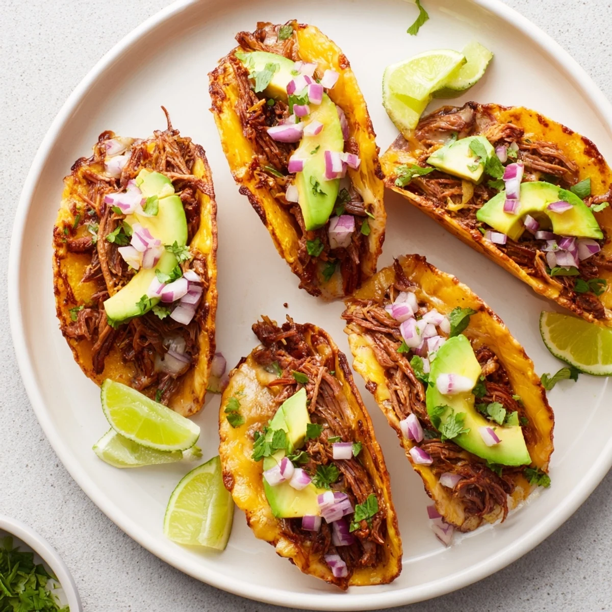 Savory slow-cooked shredded beef piled into tortillas with bubbly cheddar and Monterey Jack cheese edges