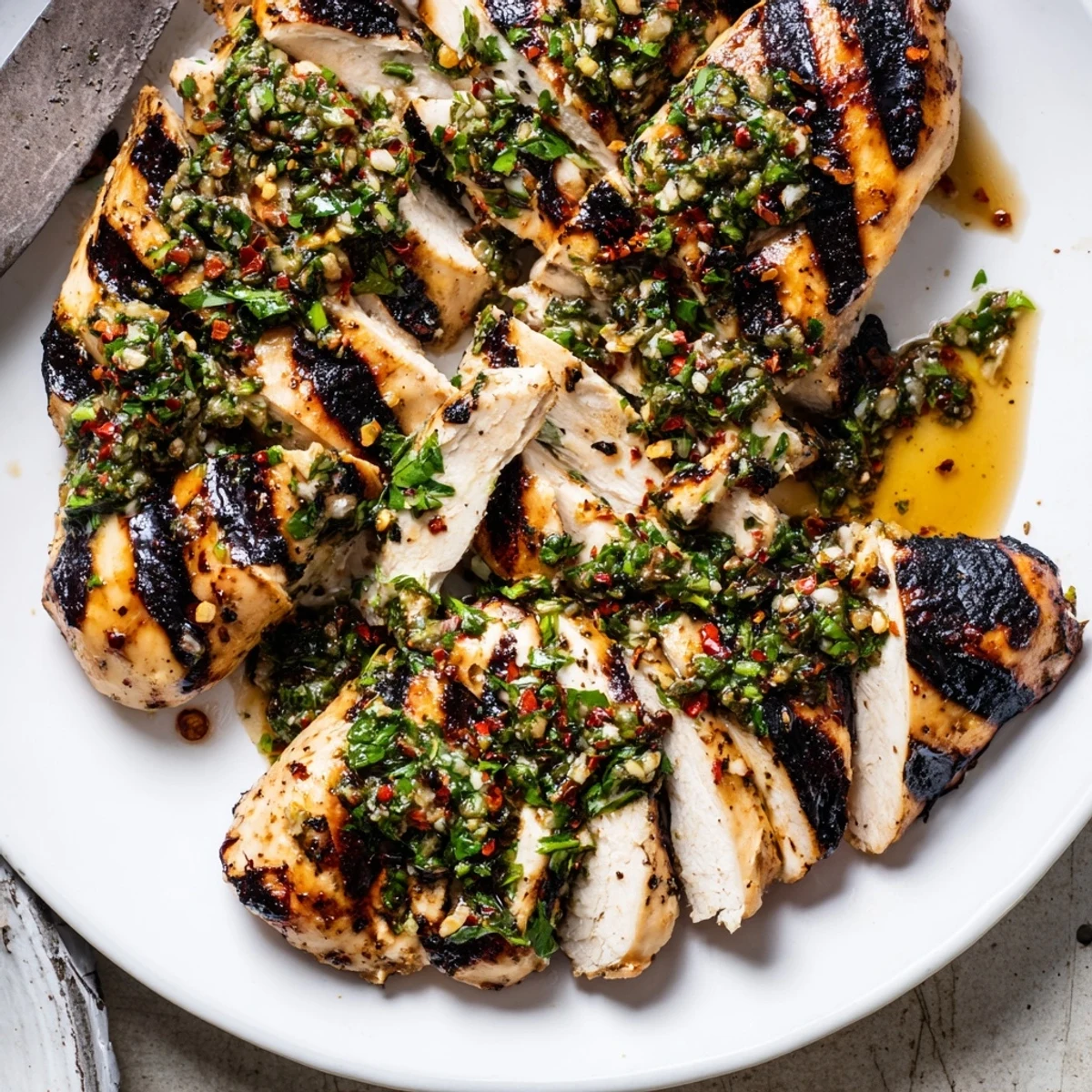 Sliced breasts resting, Grilled Chimichurri Chicken exuding fragrant garlic herb juices.