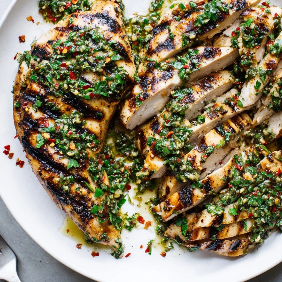 Grilled Chimichurri Chicken glistening with herb sauce, sliced on summer platter.