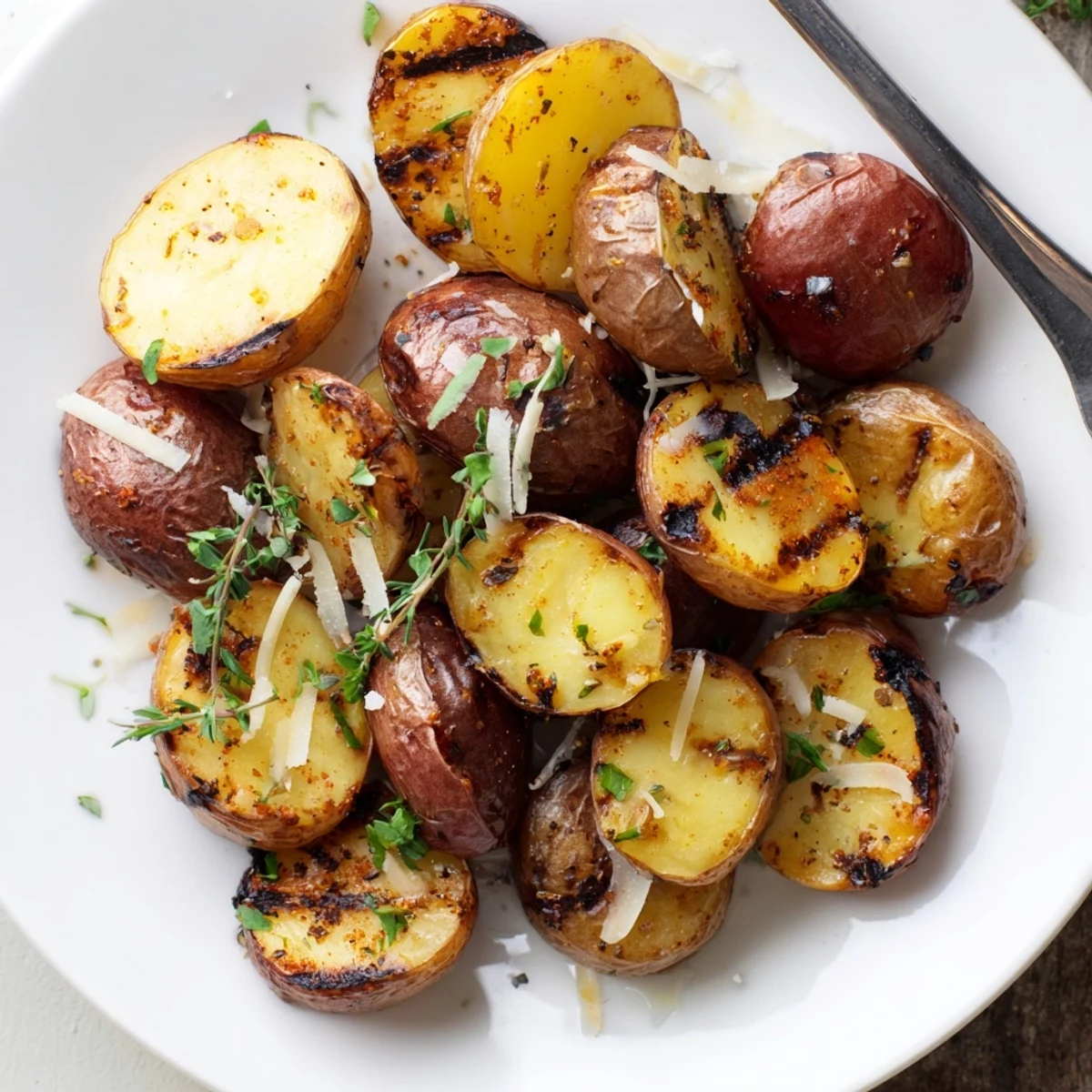 Grilled Potatoes Recipe showing smoky, crispy-skinned baby potatoes garnished with parsley.