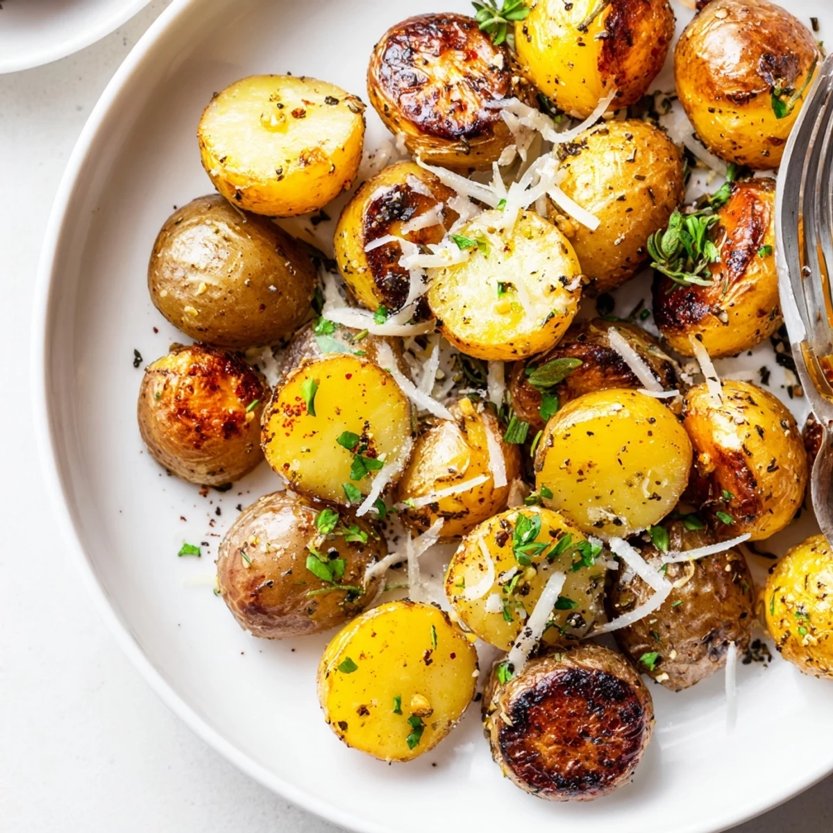 Warm platter of fork-tender potatoes with charred edges, Grilled Potatoes Recipe.