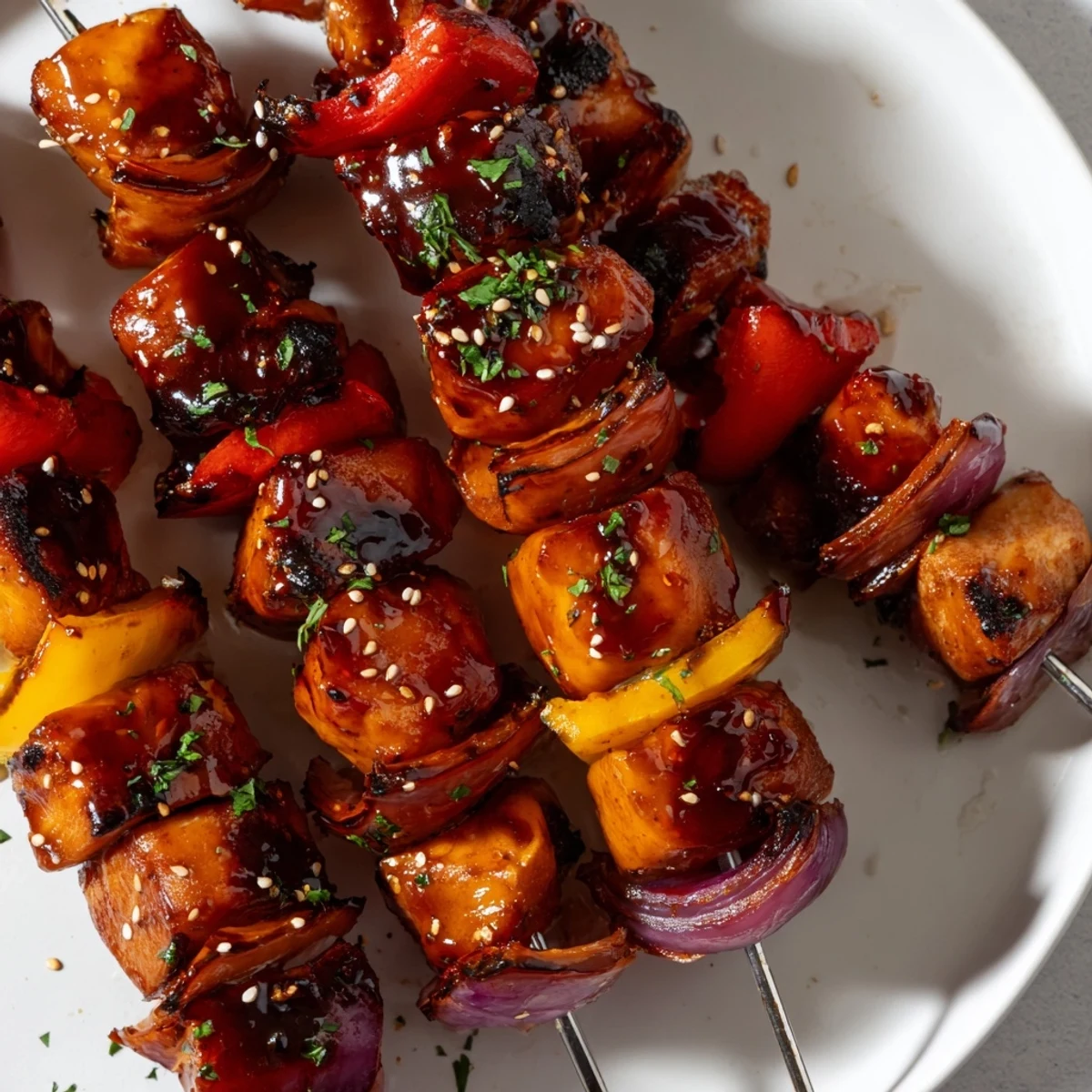Juicy Honey Garlic BBQ Chicken Skewers sizzling on grill, honey glaze glistening