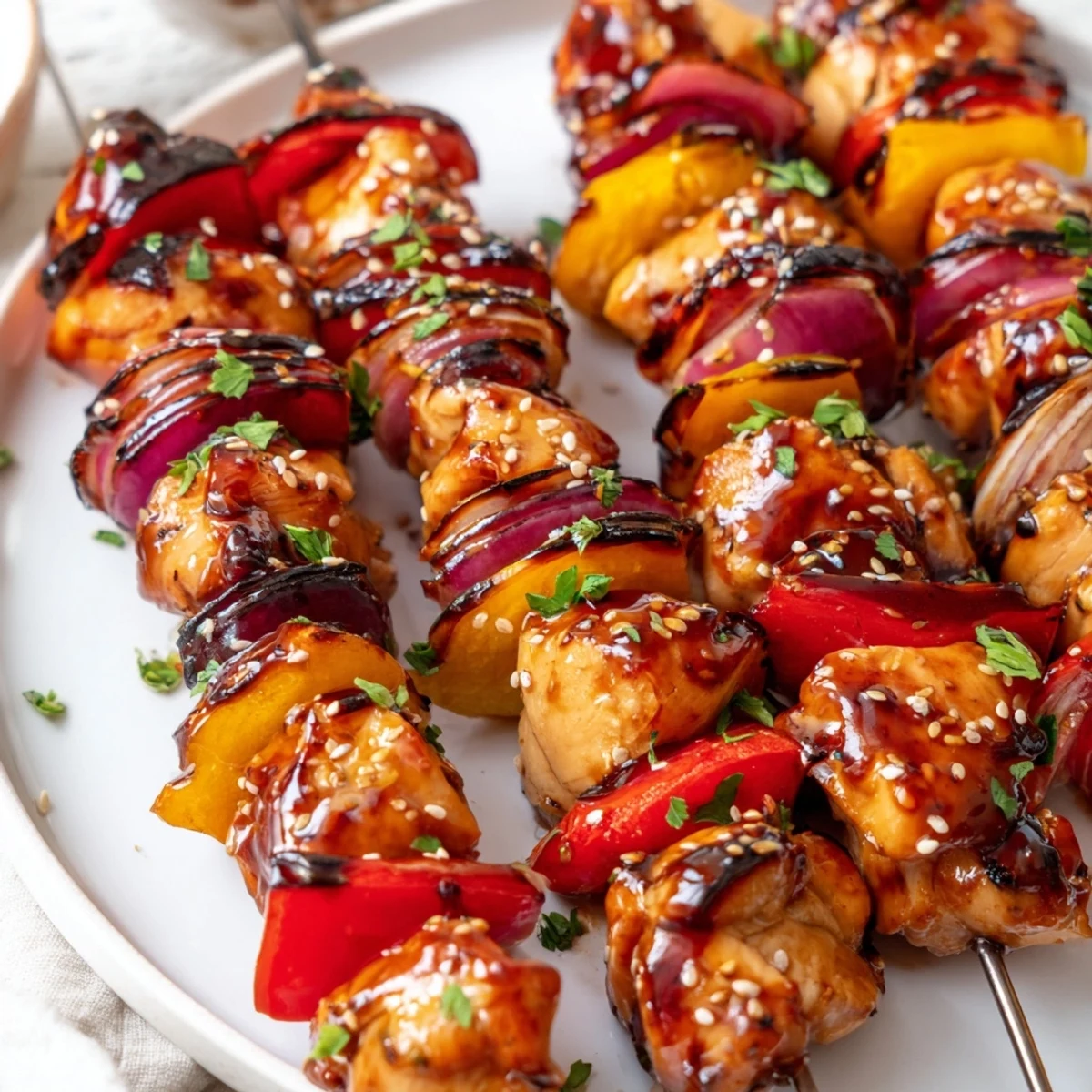 Charred Juicy Honey Garlic BBQ Chicken Skewers served hot with grilled bell peppers
