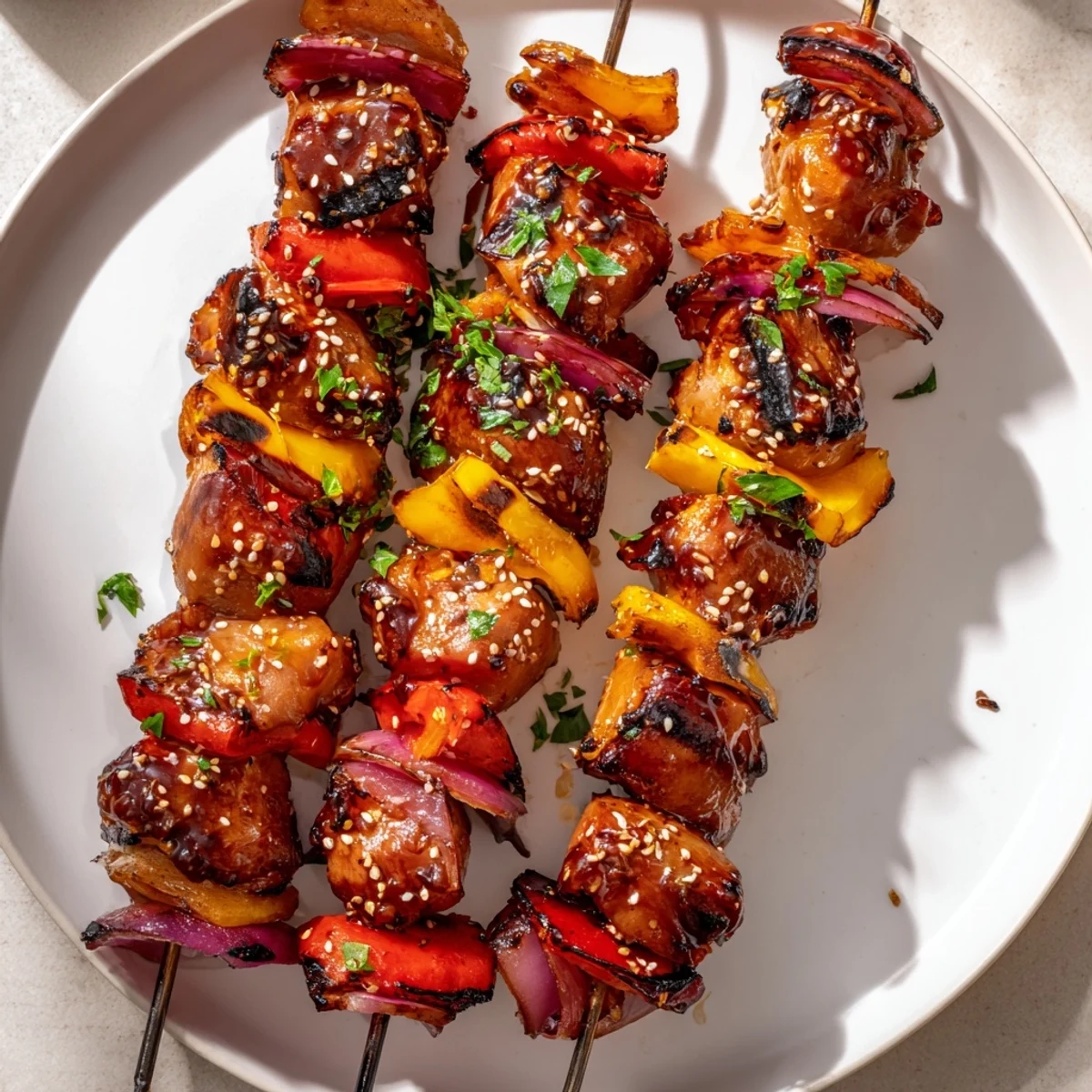 Family-style Juicy Honey Garlic BBQ Chicken Skewers basted and caramelized, ready for picnics