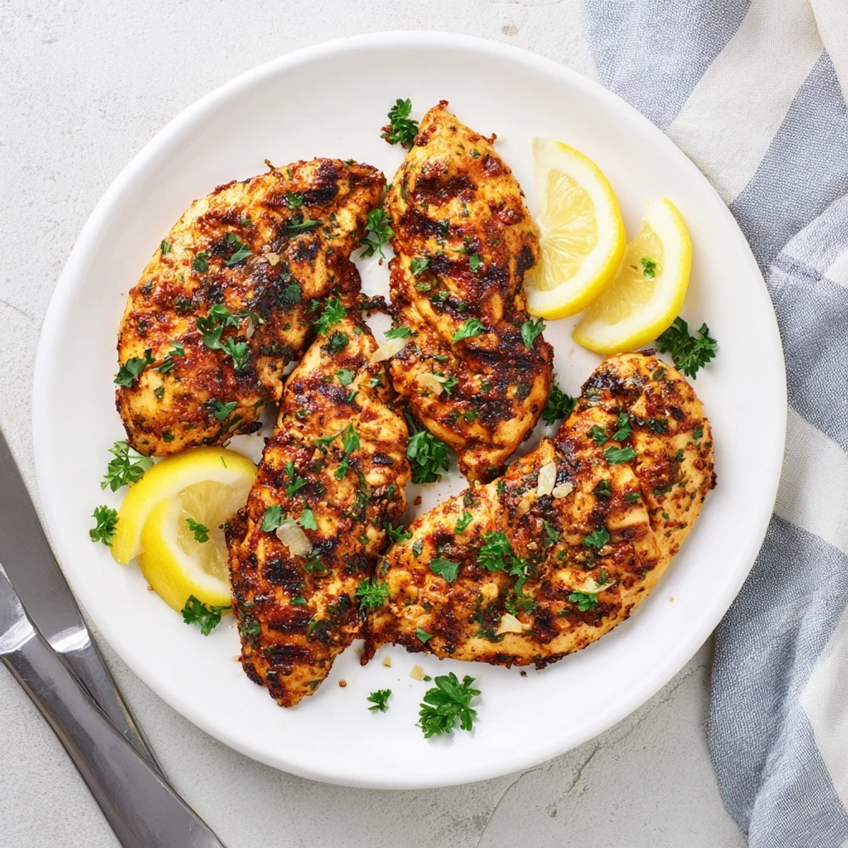 Juicy grilled chicken seasoned with lemon garlic herbs, garnished with fresh parsley and lemon wedges