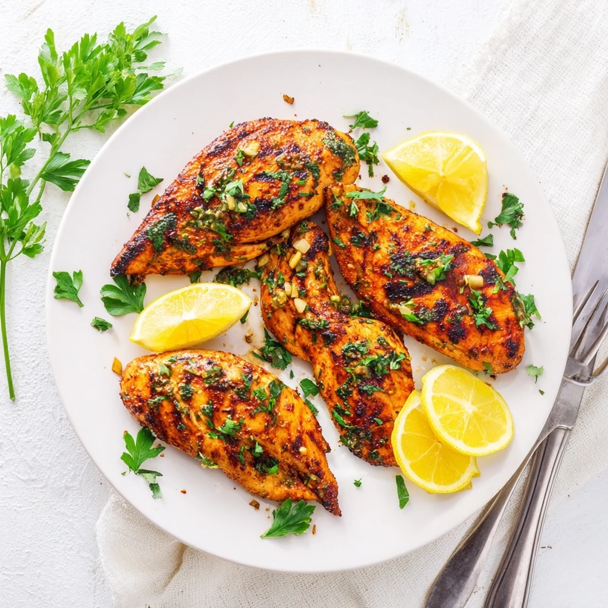 Golden herb-marinated grilled chicken breasts with beautiful char marks resting on a white plate