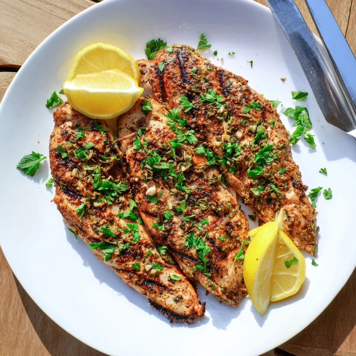 Perfectly cooked grilled chicken with savory spice rub, showcasing appetizing grill lines on a serving platter