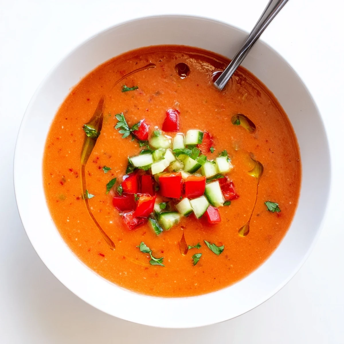 Vibrant chilled tomato gazpacho featuring diced vegetables and herbs garnished with olive oil